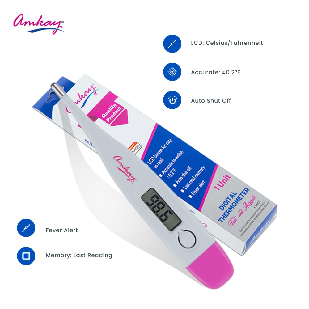 Amkay Digital Thermometer With Quick Measurement of Oral & Underarm Temperature in Celsius & Fahrenheit (12 Months Warranty) | Water Resistant for Easy Cleaning (White) - Surgismart