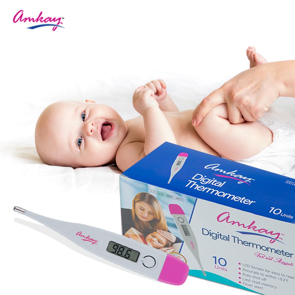 Amkay Digital Thermometer With Quick Measurement of Oral & Underarm Temperature in Celsius & Fahrenheit (12 Months Warranty) | Water Resistant for Easy Cleaning (White) - Surgismart